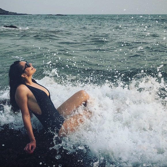 Black Deep Plunge One Piece Swimsuit - Picture 2 of 4